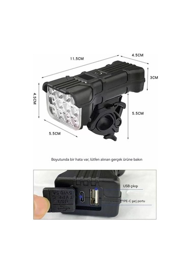 Uiowoo Bisiklet Şarjlı 12 Led Fener Kornalı Lcd Ikaz Lambası Işıldak Zil Su Geçirmez Gidon Siyah