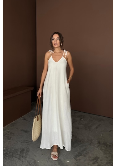 Askılı Uzun Salaş Müslin Elbise - Beyaz Beyaz
