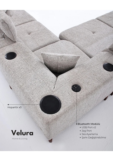 Ezel Motorlu Köşe Takımı & Hoparlörlü, Usb Portlu, Genişleyebilir Büyük Köşe Takımı Antrasit