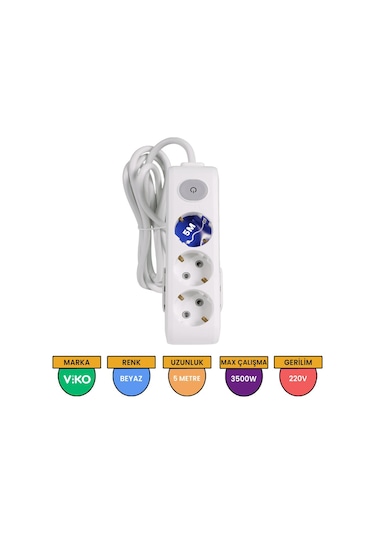 Viko Multi-let 3'lü Grup Priz Anahtarlı Topraklı Çocuk Korumalı 5 Metre Beyaz - 90117305