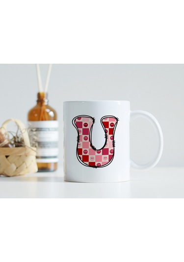 U Harfi Pembe Kareli Kalpli Göz Emojili Kupa Bardak Eğlenceli Kareli Tasarım Kahve Çay Kupası 07 Beyaz