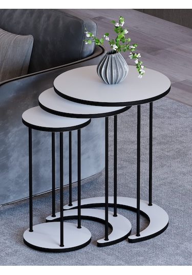 Alpa Ev Mobilya Ay 3 Lü Yuvarlak Zigon Sehpa Seti, Modern Metal Ayaklı C Model Şık Yan Sehpa Beyaz
