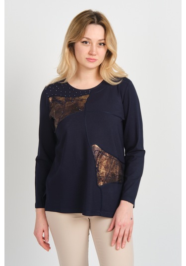 Detay Triko Kadın Boncuk İşlemeli Parlak Desenli Uzun Kol Anne Bluz 5744 Lacivert Lacivert