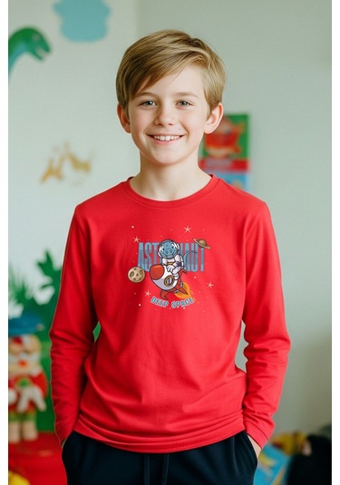 Sıfır Yaka Astranot Baskılı Erkek Çocuk Sweatshirt Kırmızı