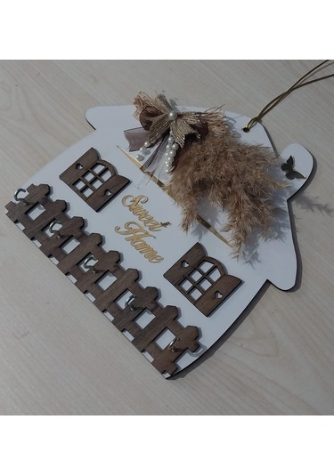 Sweet Home Yazılı Ahşap Anahtar Askılığı Duvar Askılı Anahtarlık Beyaz