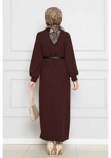 Balıkçı Yaka Kemerli Elbise-kahverengi-4554 Kahverengi