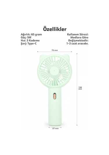 3 Modlu Şarjlı El Fanı 3 Kademe Seyahat Masaüstü Vantilatör Taşınabilir Mini Fan Yeşil F136