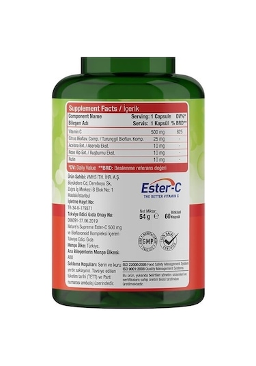 Natures Supreme Ester-C 500 Mg C Vitamini 60 Kapsül Aromasiz