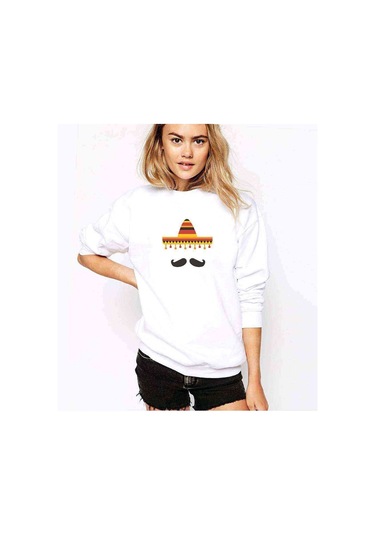 Sapka Bıyık Baskılı Beyaz Kadın Sweatshirt