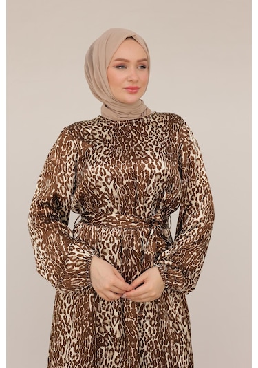 Armine Trend Leopar Desenli Beli Kemerli Elbise Kahverengi 24kt904 Kahverengi