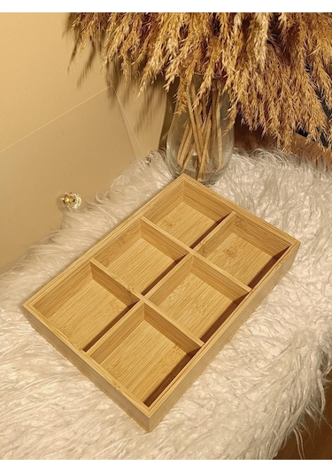 Ahşap Bambu 6 Bölmeli Kapaklı Poşet Sallama Bitki Çayı Saklama Kutusu Kabı Bambu