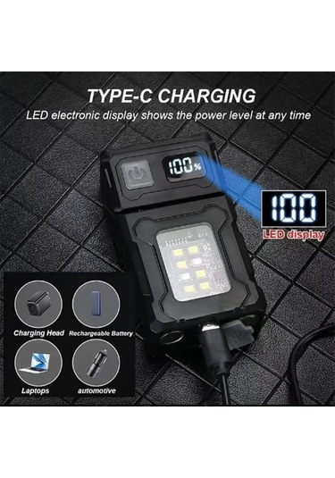 Mını Usb Şarj Edilebilir Led El Feneri Taşınabilir Kuyruk Mıknatıslı El Feneri Siyah