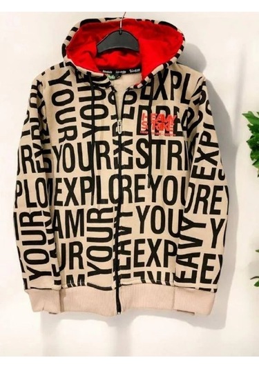 Erkek Çocuk Harf Baskılı Şardonlu Kapüşonlu Hırka-14808 Bej