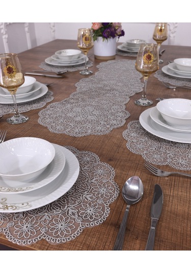 Amerikan Servis Gri Renkli Supla ve Runner 6 Kişilik Seti Çok Renkli