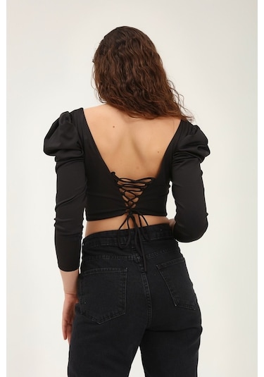 Sırt Bağlamalı Balon Kol Bluz Siyah