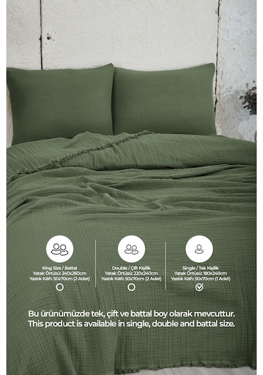 %100 Pamuk Müslin Yatak Örtüsü Tek Kişilik 4 Katlı Battaniye 2 Parça Müslin Pike Seti Yeşil Yeşil