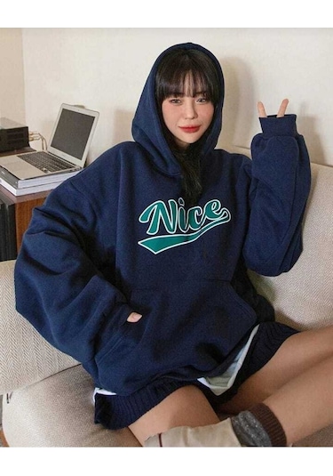 Nice Sweatshirt - Lacivert Baskılı Oversize Kışlık Kalın Kapüşonlu Lacivert