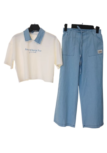 Kız Çocuk Oversize Anywhere Kot Yakalı Tişört Kot Pantolon Takımı Mavi