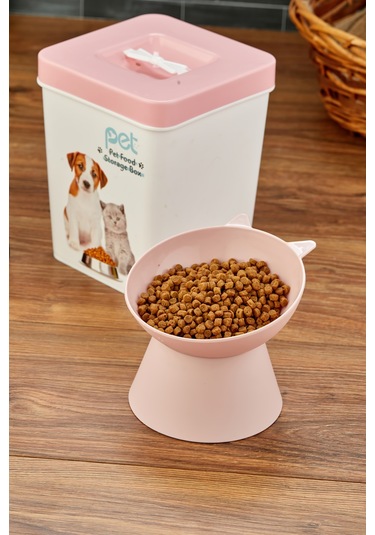 Evcil Hayvan Kedi Ve Köpek Mama Saklama Kabı & Mama Kabı Seti Kürek Hediyeli 3'lü Set - Pembe