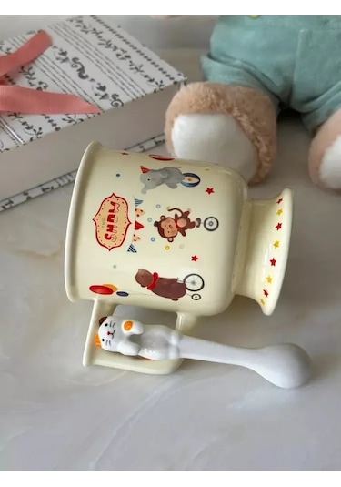 Suofeng Seri Porselen Kupa Ve Kaşık Seti - Beyaz 300 Ml - Glaze Kaplama - Ev, Hediye İçin Uygun Sarı