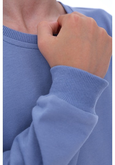 Zuzunga Oversize Unisex Basic Düz Mavi Renk %100 Pamuk Sweatshirt 2-11 Yaş Mavi