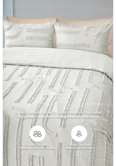 Pamuklu Sasha Kabartmalı Yatak Örtüsü Takımı Günlük Çift Kişilik Boho 3 Parça Elyaf Dolgulu Krem