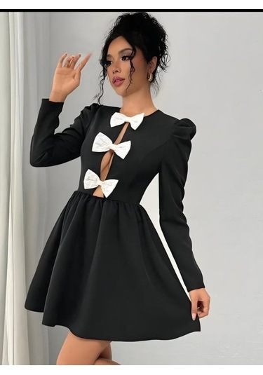 Tua Moda Kadın Dalgıç Kumaş Fiyonk Detaylı Uzun Kollu Mini Boy Elbise Siyah