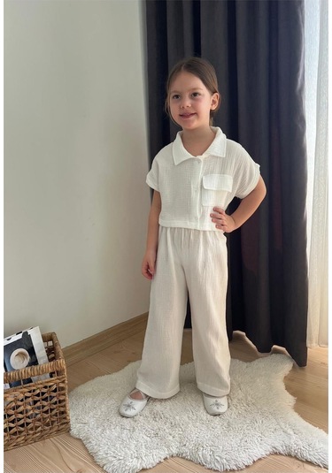 Müslin Kumaş Kız Çocuk Takım Beyaz