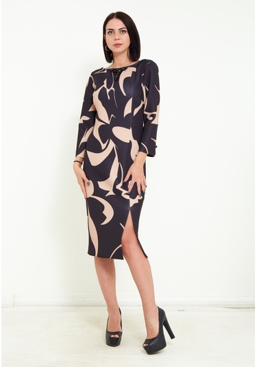 Favori Kadın Desenli Yakada Taş Detayı Truvakar Kollu Şık Midi Elbise 001