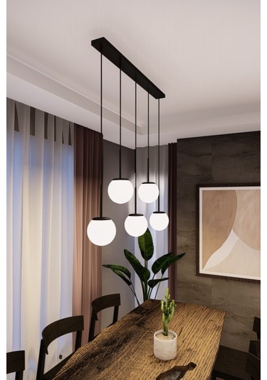 Dora Modern Sıralı Avize - Siyah Metal, Beyaz Cam, 5'li Sarkıt, E 1 Adet