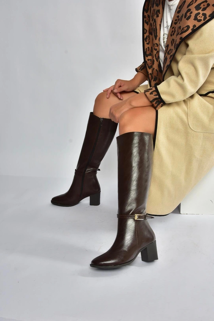 V973600509 Kahverengi Kalın Topuklu Kadın Çizme Kahverengi-suni Deri