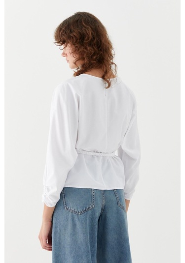 Büzgü Manşetli Kuşaklı Bluz Beyaz Beyaz