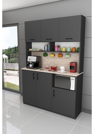 %100 Mdflam Kahve Köşesi Çok Amaçlı Mutfak Dolabı Kahve03 Antrasit - Sidon Antrasit - Sidon