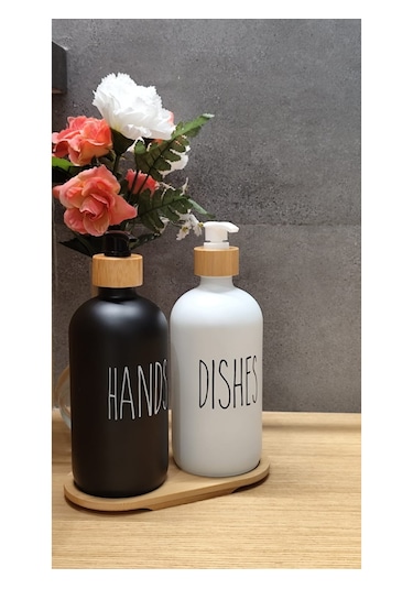 2 Li Siyah-beyaz Mutfak Sıvı Sabunluk Seti 500ml Bambu Tepsili