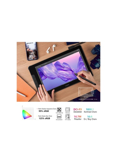 Veikk VK1600 16384 Levels 5080 Lpı 15.6" FHD IPS Grafik Tablet + 2 Kalem