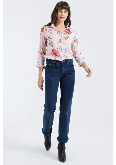 Kadın Pembe Modern Tarz Çiçek Desenli Uzun Kollu Gömlek Pembe