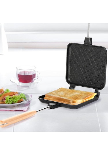 Sandviç Makinesi, Saplı Yapışmaz Izgara Tavası, Ocak Üstü Kamp Tost Makinesi Alüminyum Çevirmeli Tava