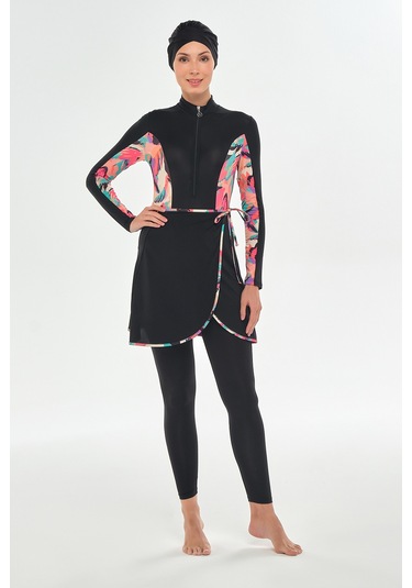 3 Farklı Şekilde Giyilebilir Likralı Etekli Tesettür Mayo Dora 2111 Siyah Siyah