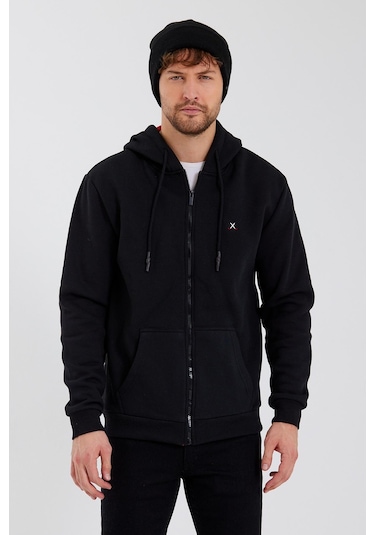 Polostate Erkek Fermuarlı Kanguru Cep 3 İplik Sweatshirt Siyah