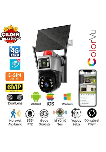O-kam 7015 3mp+3mp 6mp 4g E-sim Kartlı Solar Panelli 2 Lens Alert Ptz