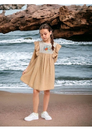Kız Çocuk Pamuklu Çiçek Dantelli Turvakar Kol Elbise-12661-camel Camel