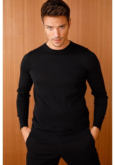 Desen Triko Erkek Basic Sıfır Yaka İnce Triko Kazak 02421603 Siya Siyah