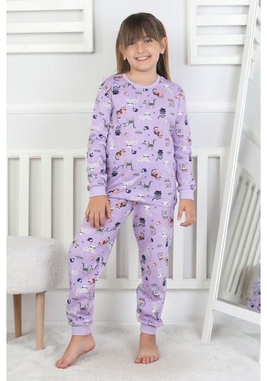 Uzun Kollu Cute Cat Desenli Kız Çocuk Pijama Takımı Mor