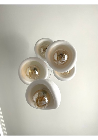 Modern 5'li Avize Beton Dokulu - Salon Ve Oturma Odası İçin Şık Tasarım Rustik Ampul Hediyeli Beyaz