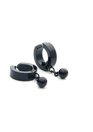 Sallanan Boncuk Sıkıştırmalı Siyah Çelik Erkek Küpe Takı W P24 T5 Çelik