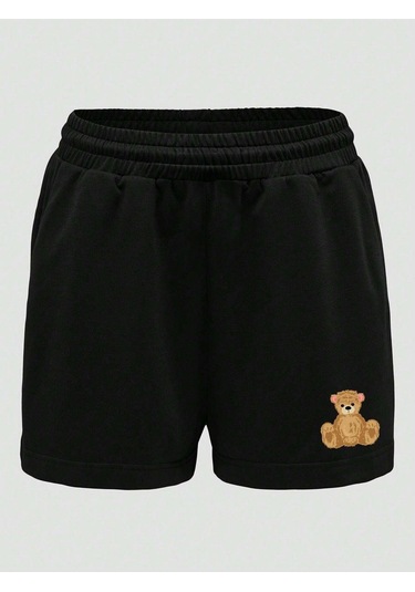 Ayıcık Penye Şort - Siyah Baskılı Kısa Kordonsuz Siyah