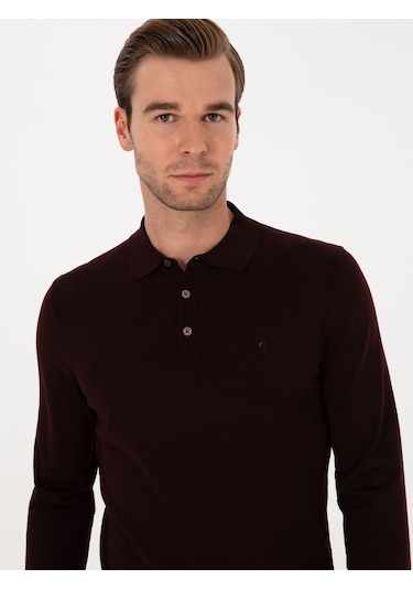 Cacharel Bordo Slim Fit Yün Karışımlı Polo Yaka Basic Triko Kazak Kırmızı