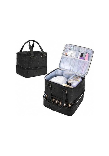 Novahub Çift Katmanlı Kozmetik Çantası, Grand Kapasiteli Taşınabilir Tırnak Alet Çantası Siyah Siyah