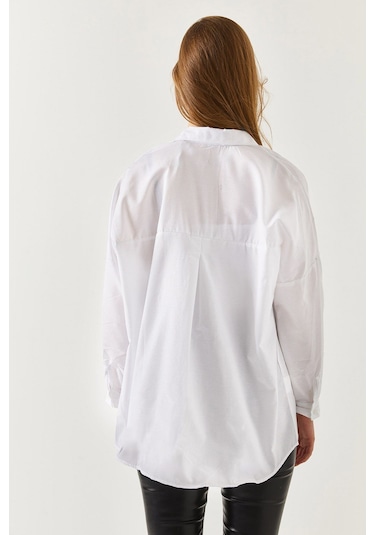 Armonika Oversize Uzun Basic Gömlek - Beyaz