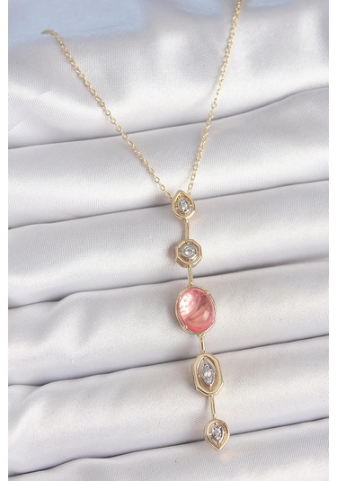 Pirinç Zincir Pembe Gold Renk Zirkon Taşlı Y Kolye Çok Renkli